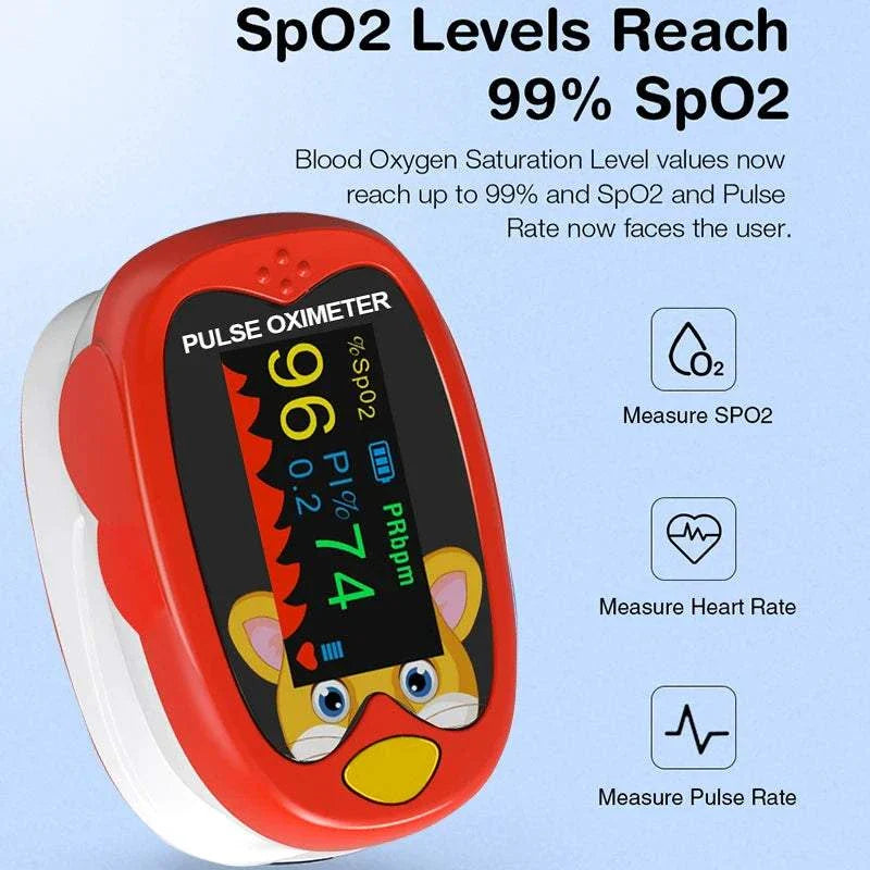 Pediatric pulse oximeter with bright LED screen, kid-friendly design, and accurate oxygen and pulse monitoring for babies and children.