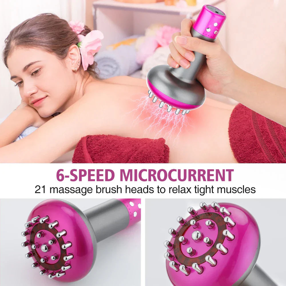 Rechargeable Guasha Massager with 6-speed microcurrent and 21 massage brush heads for muscle relaxation and body shaping