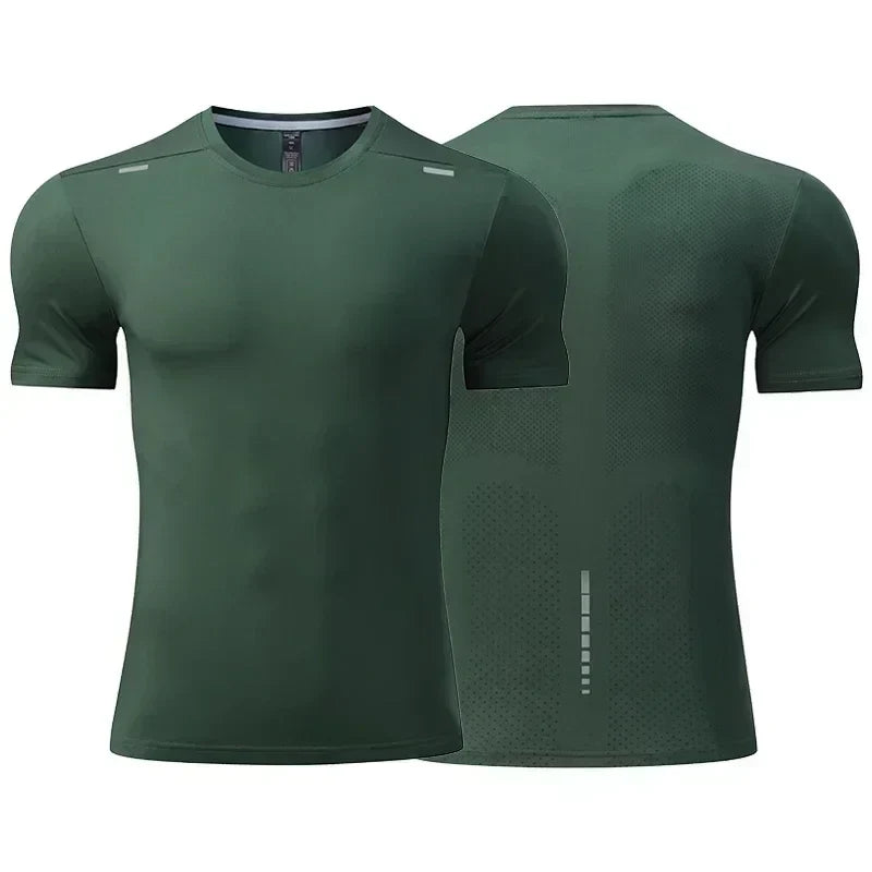 Men's summer loose breathable quick-dry fitness t-shirt in dark green, front and back view