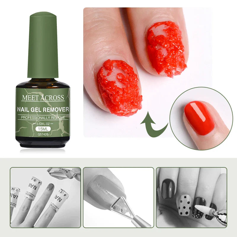 Fast Nail Gel Polish Remover bottle with demonstration of gel polish removal on nails, showing before and after results.