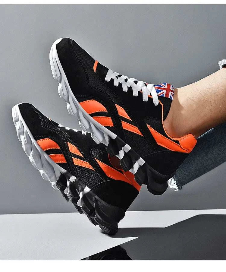2025 new men's and women's running shoes in black and orange with breathable mesh, cushioned insoles, and anti-slip soles