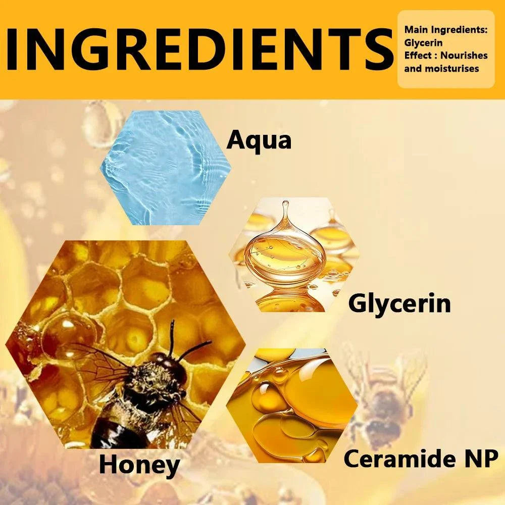 Bee Venom Wrinkle Remover face cream with honey, glycerin, ceramide NP, and aqua for firming, moisturizing, and anti-aging skin care.