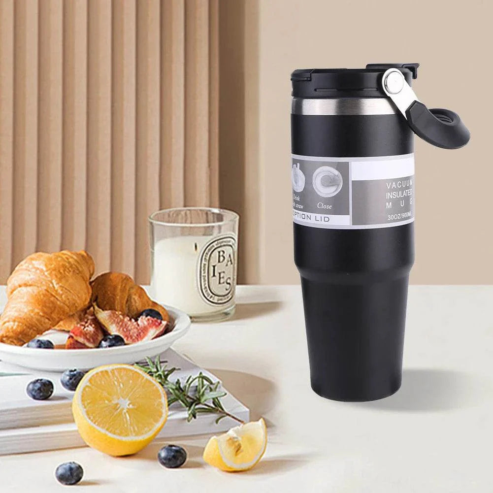 30oz black stainless steel vacuum insulated cup with handle for hot and cold beverages, leak-resistant lid, and durable double-layer design