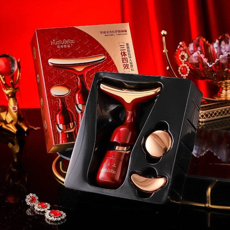 3-in-1 Facial Lifting Device with three interchangeable heads for neck, face, and eye massage in black packaging with red and gold accents.