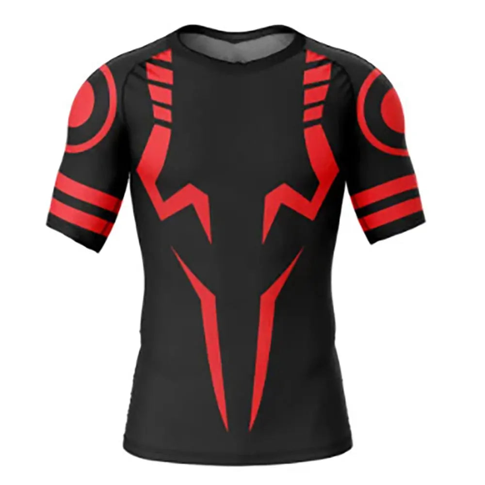 Anime Jujutsu Kaisen Sukuna edition black compression t-shirt with red 3D print design, breathable quick-dry fabric, and athletic fit