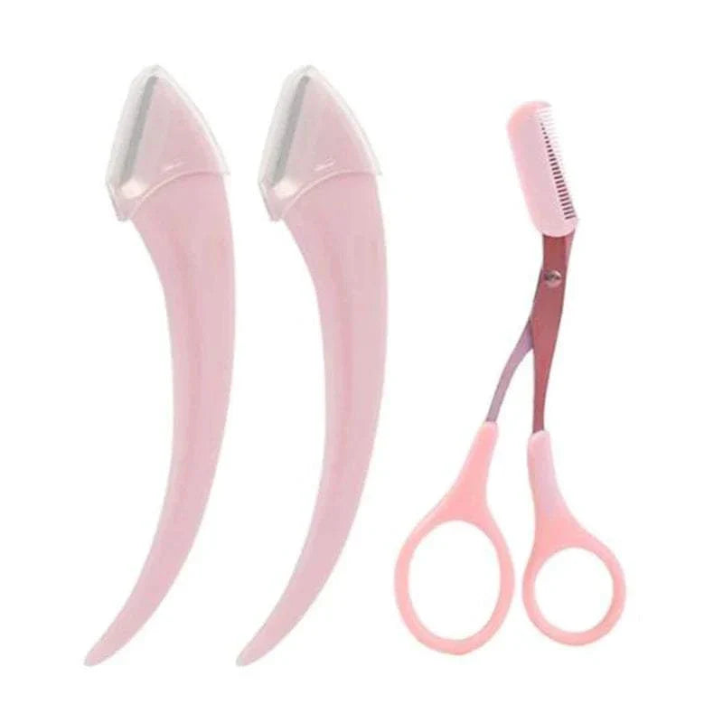 Karsyngirl eyebrow trimming knife set with two pink razors and a pink brow scissors with comb for precise grooming and shaping