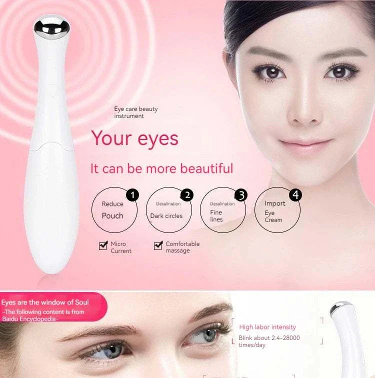 Home Electric Eye Massage beauty instrument for reducing puffiness, dark circles, fine lines, and enhancing eye care with comfortable microcurrent massage.