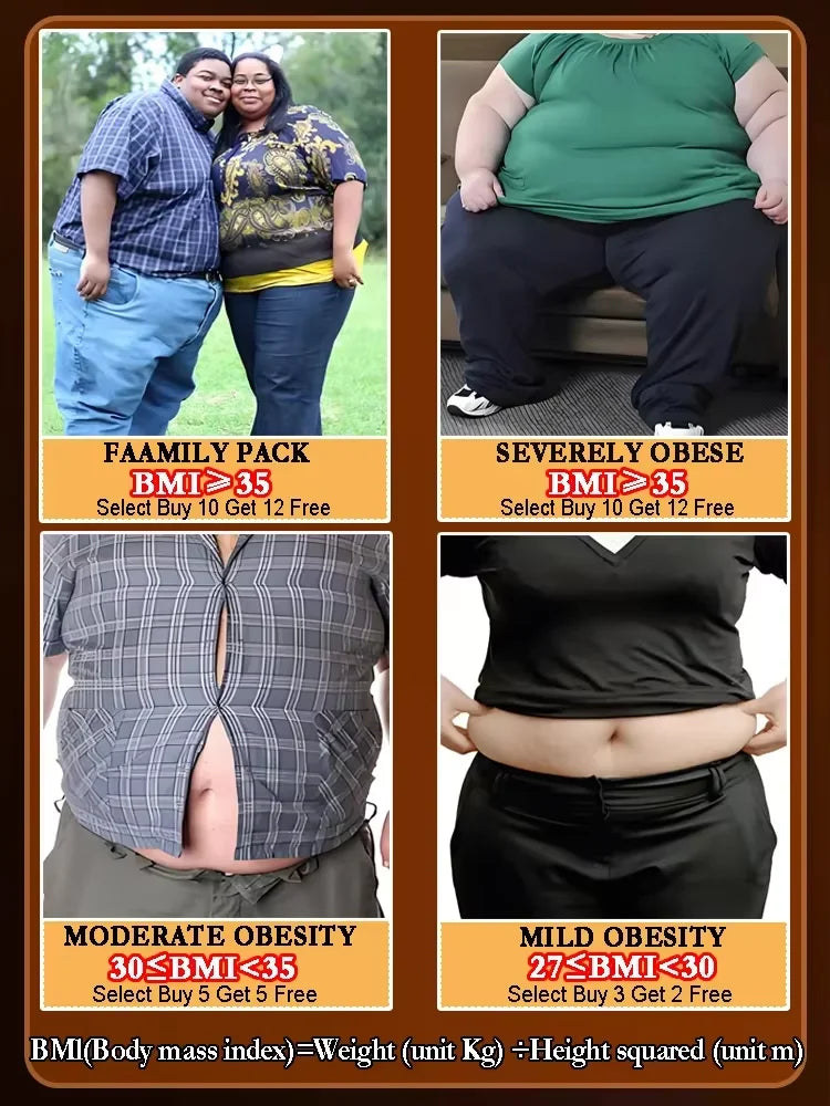 Before and after images of overweight individuals showing obesity levels and slimming progress using slimming cream