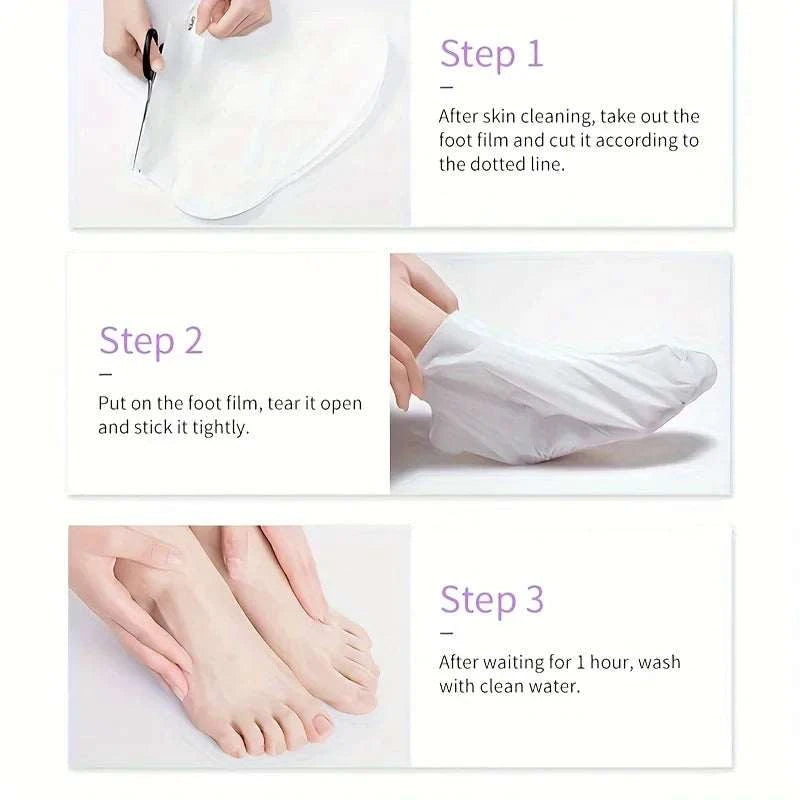 GZE Foot Peel Mask usage instructions showing foot film application and removal steps