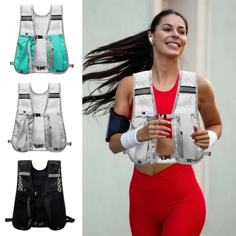Lightweight running hydrating vest backpack with dual water bottles, breathable mesh, adjustable straps, and multiple pockets for endurance athletes