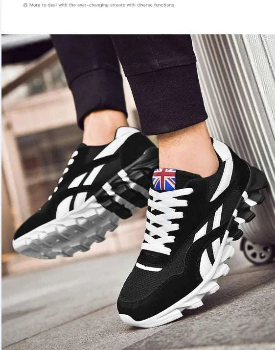 2025 new men's and women's running shoes black breathable mesh with white stripes and UK flag detail on tongue