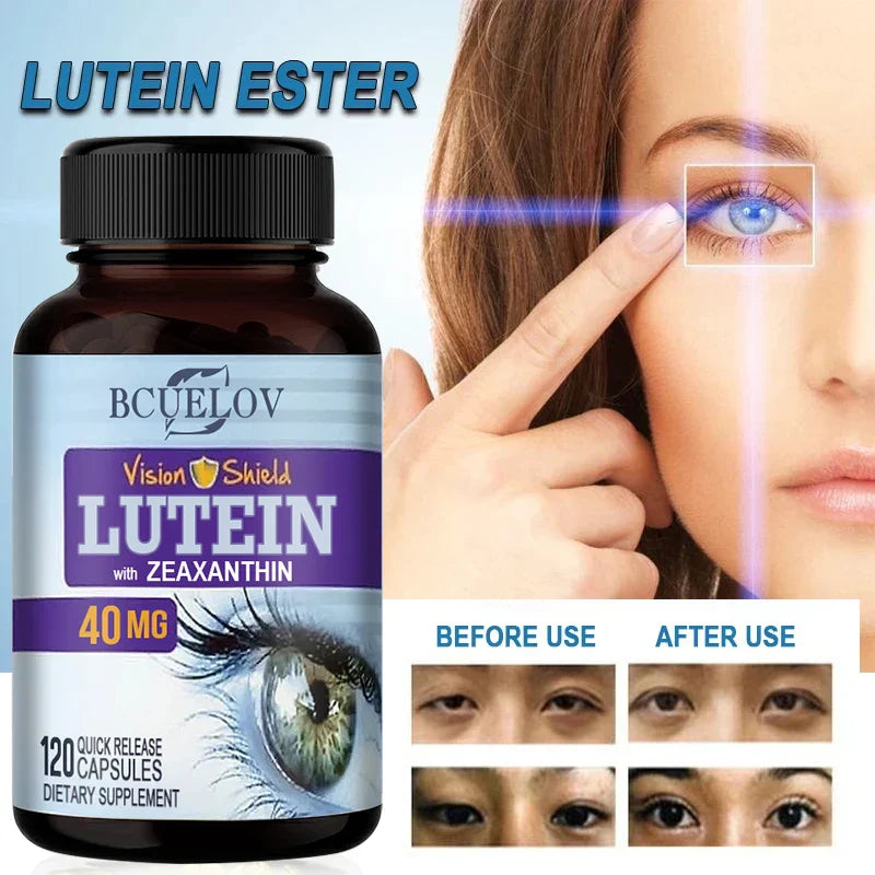 Bcuelov High Potency Lutein Capsules bottle with eye illustration and before-after eye clarity results promoting vision support and blue light protection