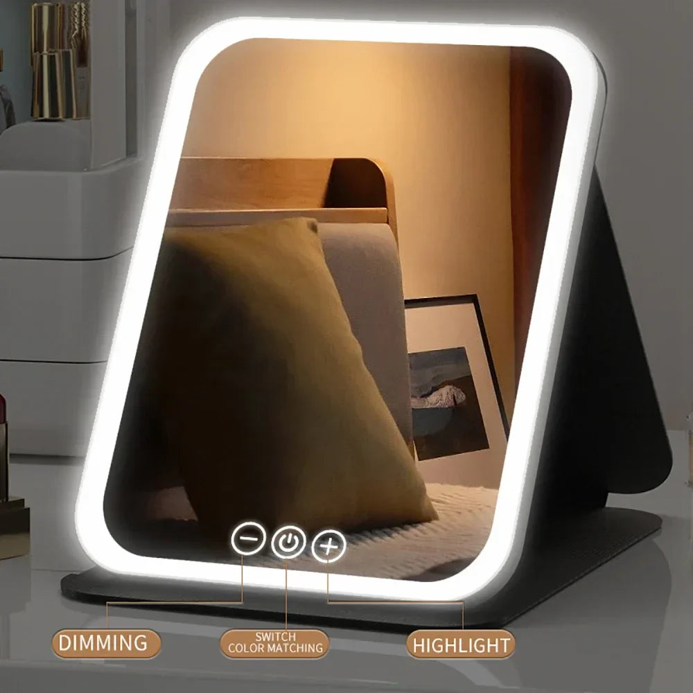 LED dimmable makeup mirror with 3 lighting modes, adjustable brightness, USB rechargeable and foldable portable design