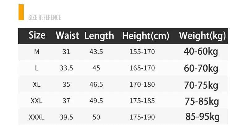 Size chart for men's compression shorts showing waist, length, height, and weight measurements for sizes M to XXXL.