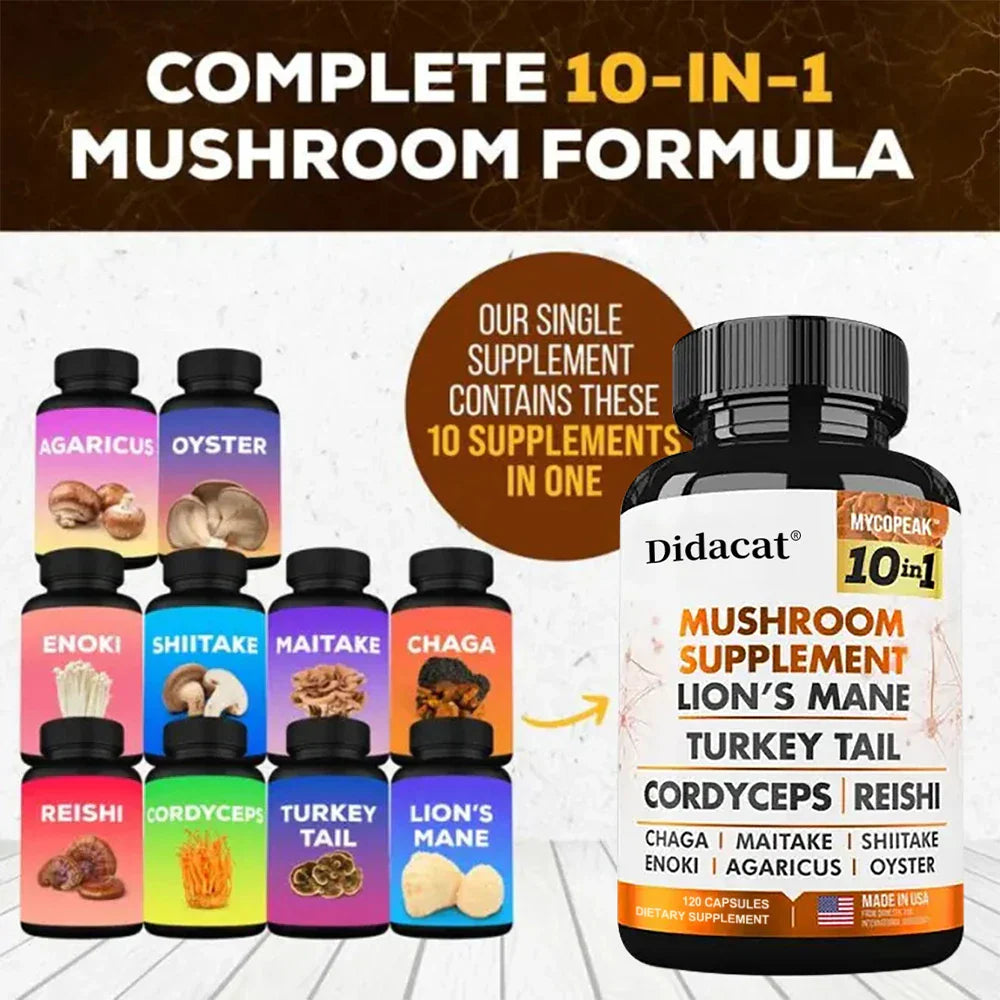 Mushroom Supplement 10x Complex bottle with 10-in-1 formula including Lion’s Mane, Turkey Tail, Cordyceps, Reishi, and others for memory, focus, brain and immune support.
