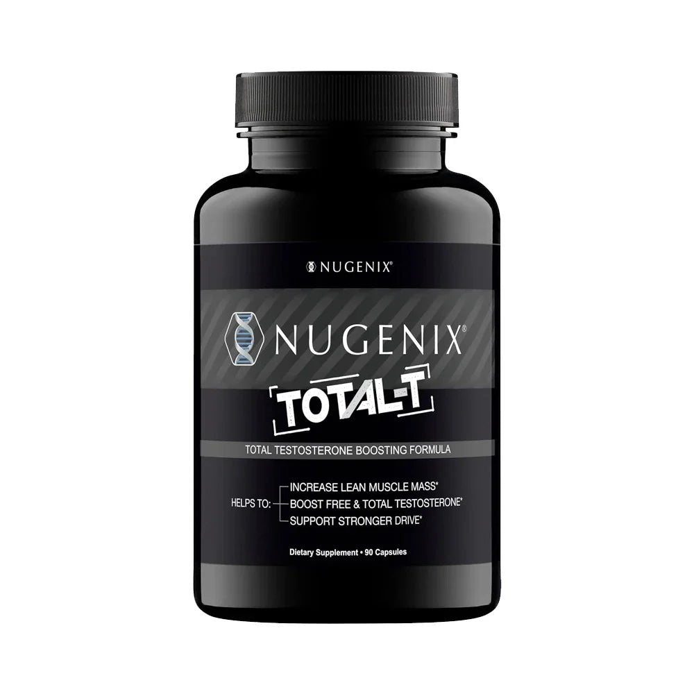 Black bottle of Nugenix Total testosterone boosting dietary supplement with 90 capsules for muscle growth and energy support