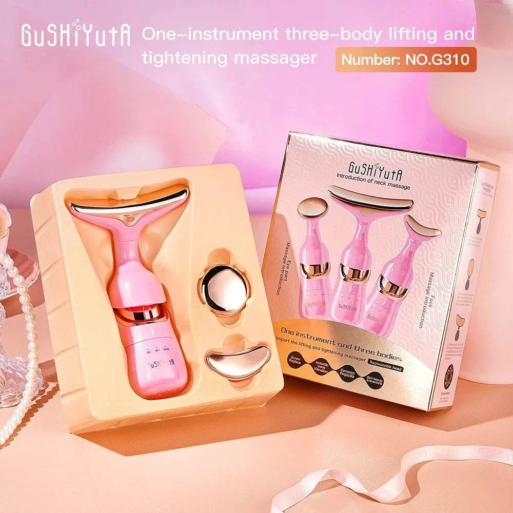 3-in-1 Facial Lifting Device pink set with EMS microcurrent technology for face, neck, and eye massage in packaging
