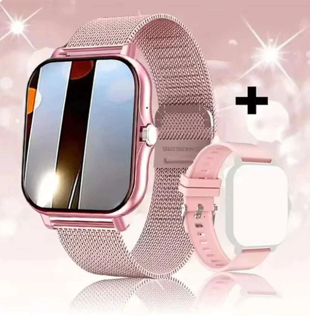 KESHUYOU 2025 Smart Watch with rose gold mesh band and additional pink silicone strap for fitness and health tracking.