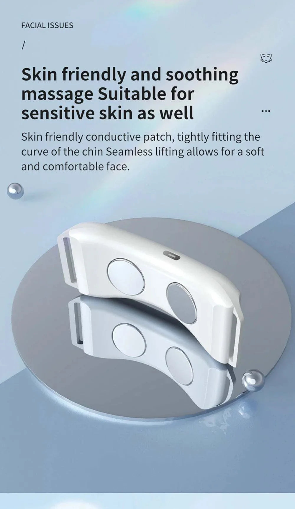 EMS face lifting massager with skin-friendly conductive patch for gentle and soothing facial massage, suitable for sensitive skin.
