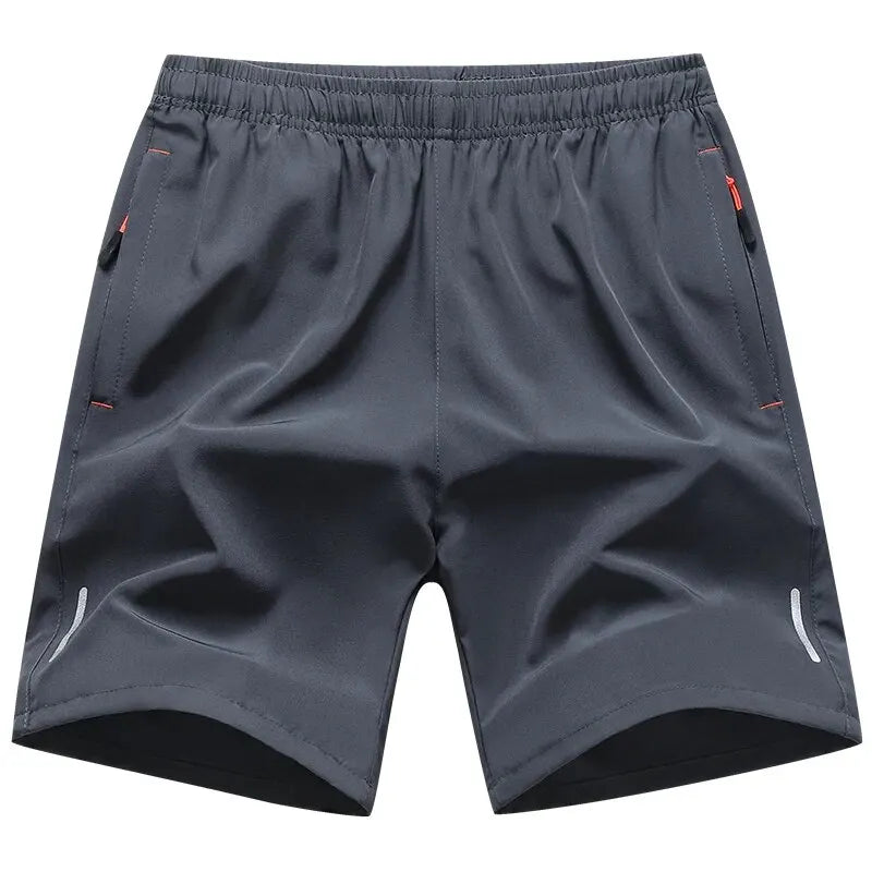 Men’s breathable sports shorts in grey with elastic waistband, quick-dry fabric, and relaxed fit for summer workouts and casual wear