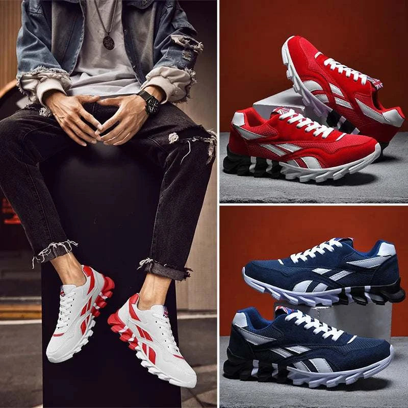 2025 new men's and women's running shoes in red, white, and navy blue with breathable mesh, cushioned sole, and anti-slip grip.