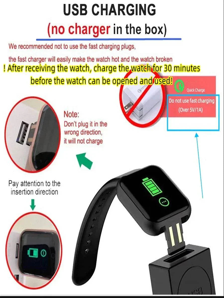 Multifunction Smart Watch showing USB charging with detachable charging connector and battery level indicator on screen