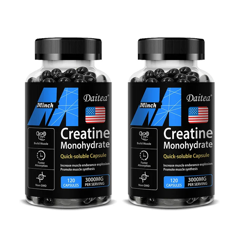 Two bottles of Daitea Creatine 3000 mg Monohydrate quick-soluble capsules for muscle building and endurance enhancement.