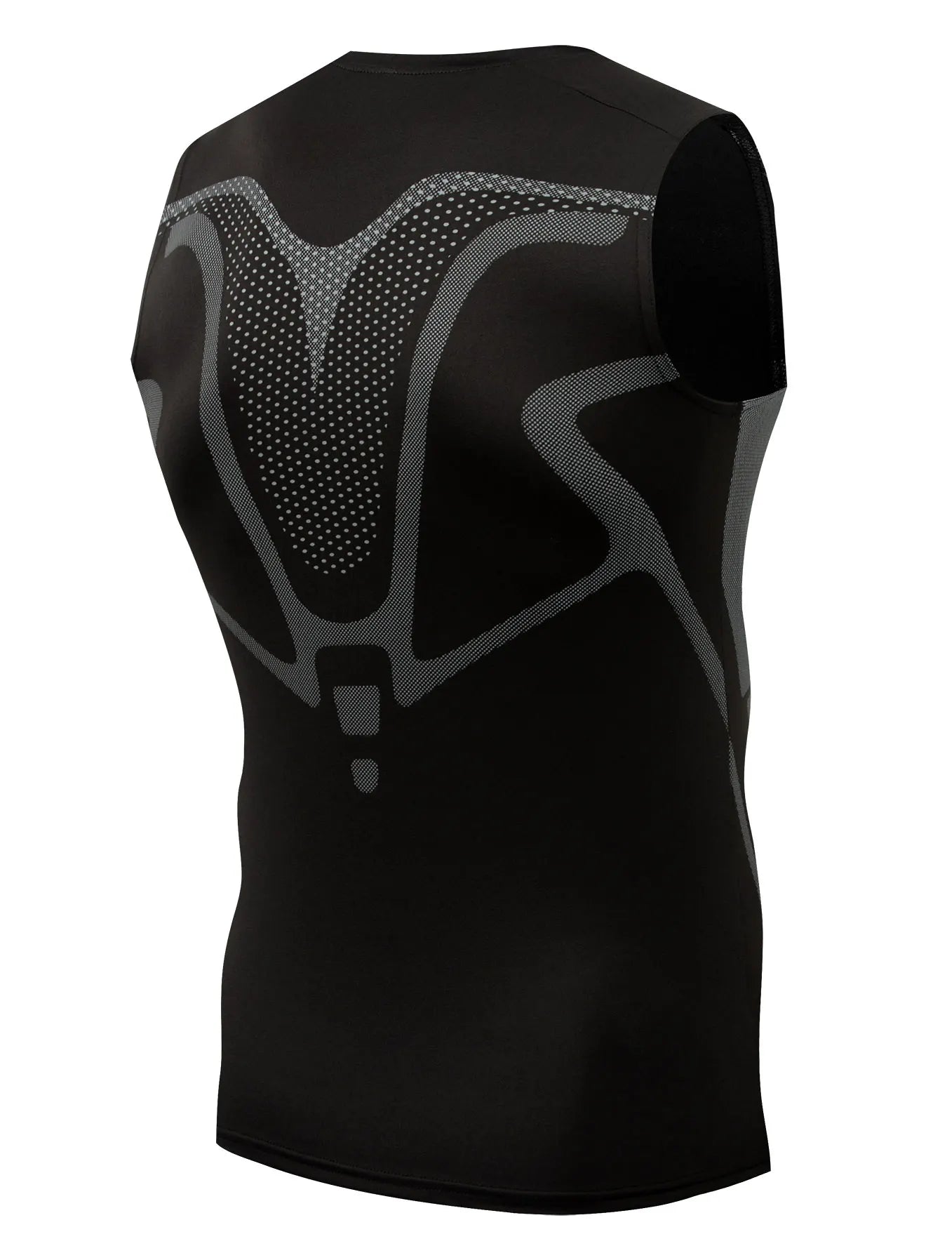 Men's black sports vest with grey digital print, moisture-wicking and quick-dry compression base layer for fitness and running
