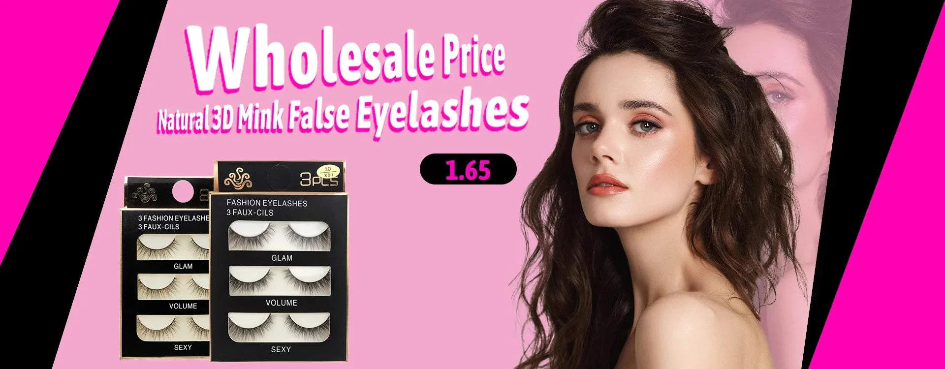 Natural 3D mink false eyelashes in glam, volume, and sexy styles with wholesale pricing and a model showcasing eye makeup.