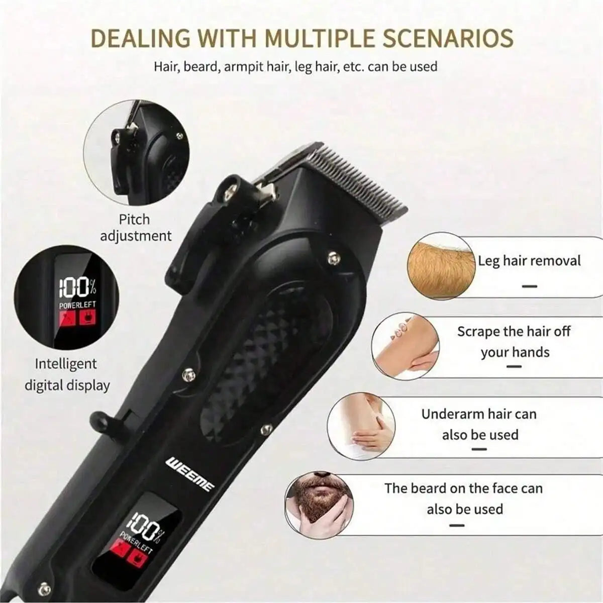 USB rechargeable hair clipper with digital display and pitch adjustment for precise grooming of hair, beard, armpit, leg hair, and more