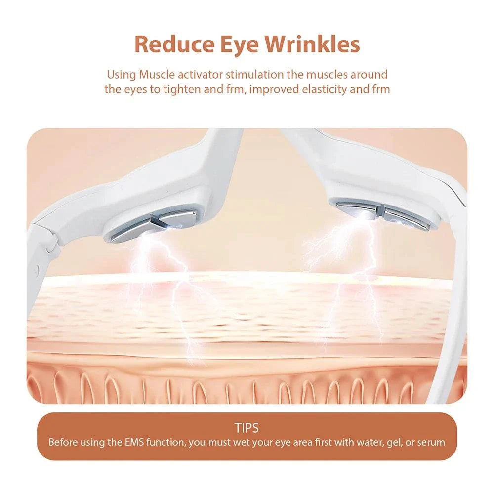 3D Eye Massager device reducing eye wrinkles with muscle stimulation and EMS function for improved skin elasticity and firmness.