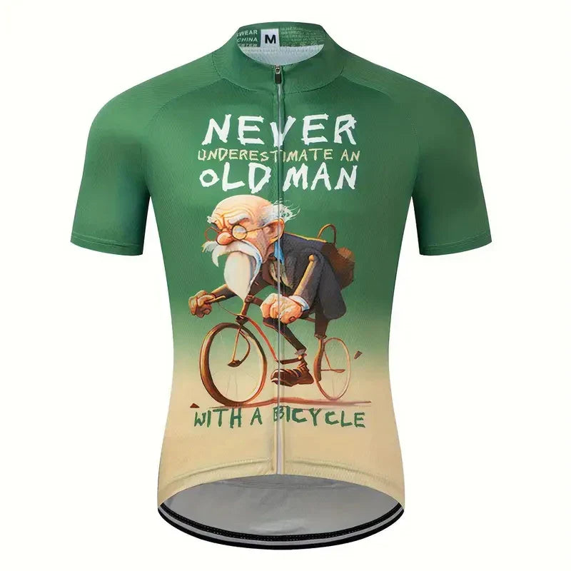 2025 New Cycling Jersey green with humorous old man cycling graphic and front zipper