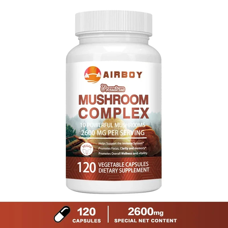 Bottle of Airboy Premium Mushroom Complex Capsules dietary supplement with 120 vegetarian capsules and 2600 mg per serving for brain and immune support