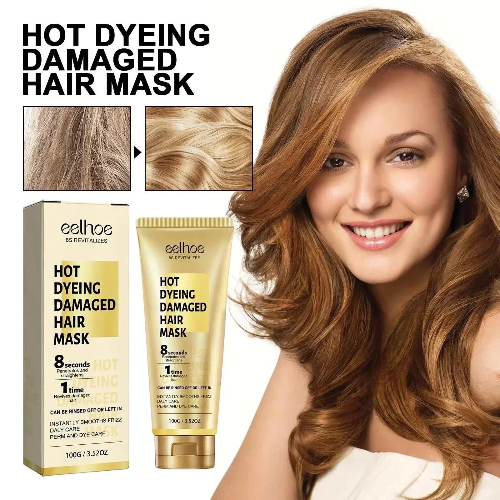 Hot dyeing damaged hair mask product with packaging and a smiling woman with smooth, shiny hair