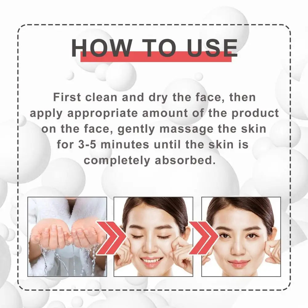 Collagen Boost Firming Essence Cream usage instructions with images showing face cleansing, application, and gentle massage for absorption