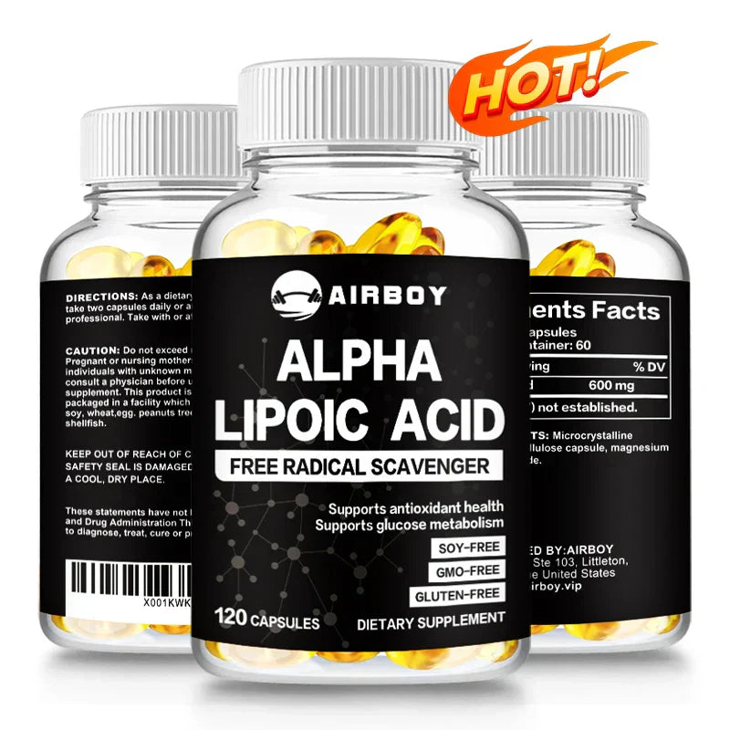 Bottle of AIRBOY Alpha Lipoic Acid 600mg dietary supplement capsules supporting antioxidant health and glucose metabolism