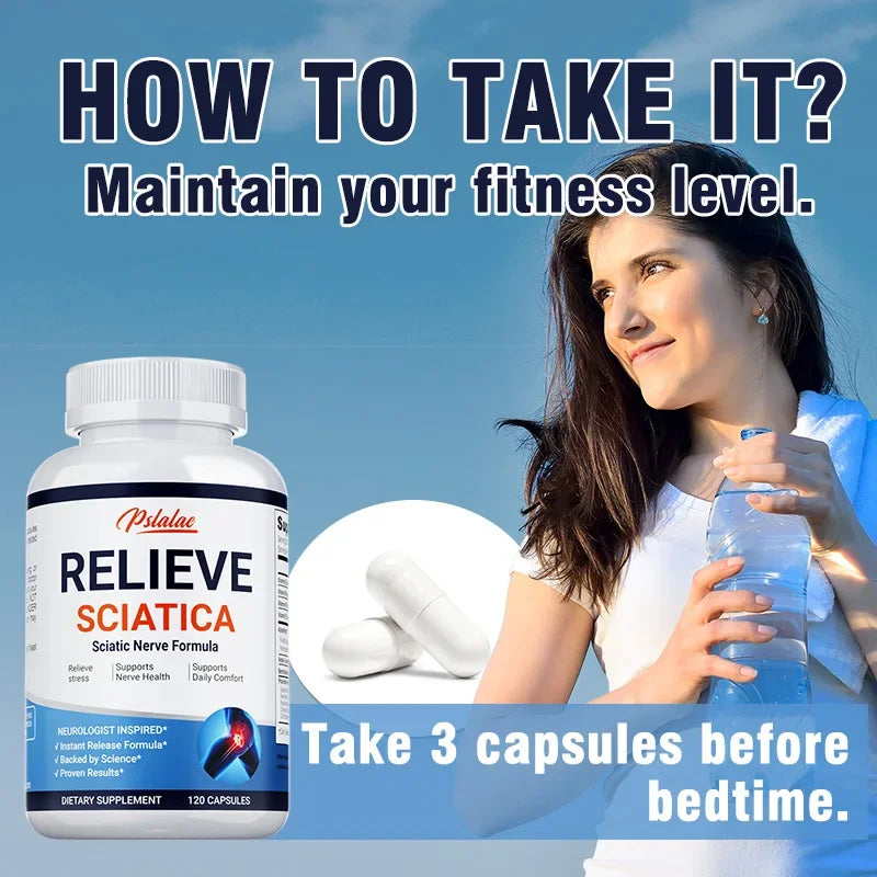 Relieve Sciatica dietary supplement bottle with capsules and woman drinking water promoting pain relief and improved mobility.