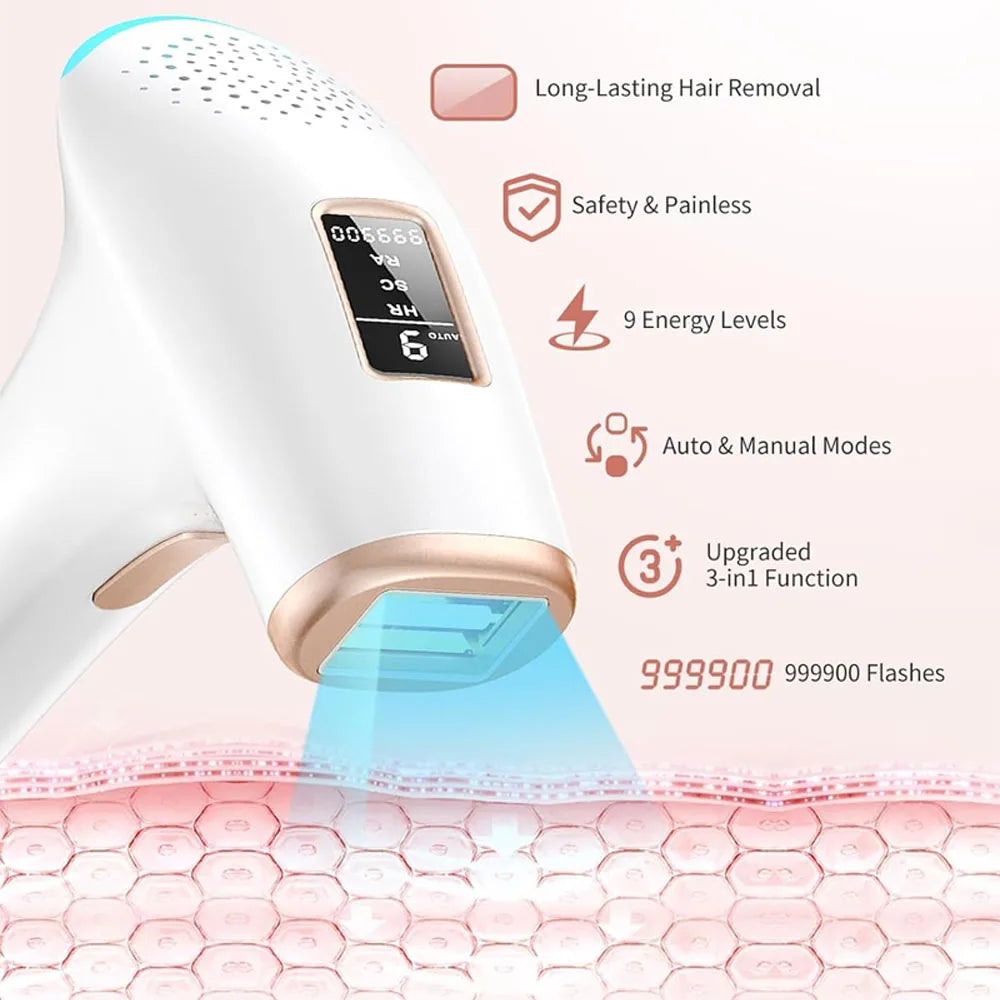 IPL Hair Removal Laser Device with 999,900+ flashes, 9 energy levels, auto/manual modes, painless long-lasting hair removal for face and body