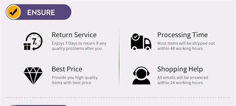 Customer service icons showing 7-day return policy, fast shipping within 48 hours, best price guarantee, and 24-hour email support.