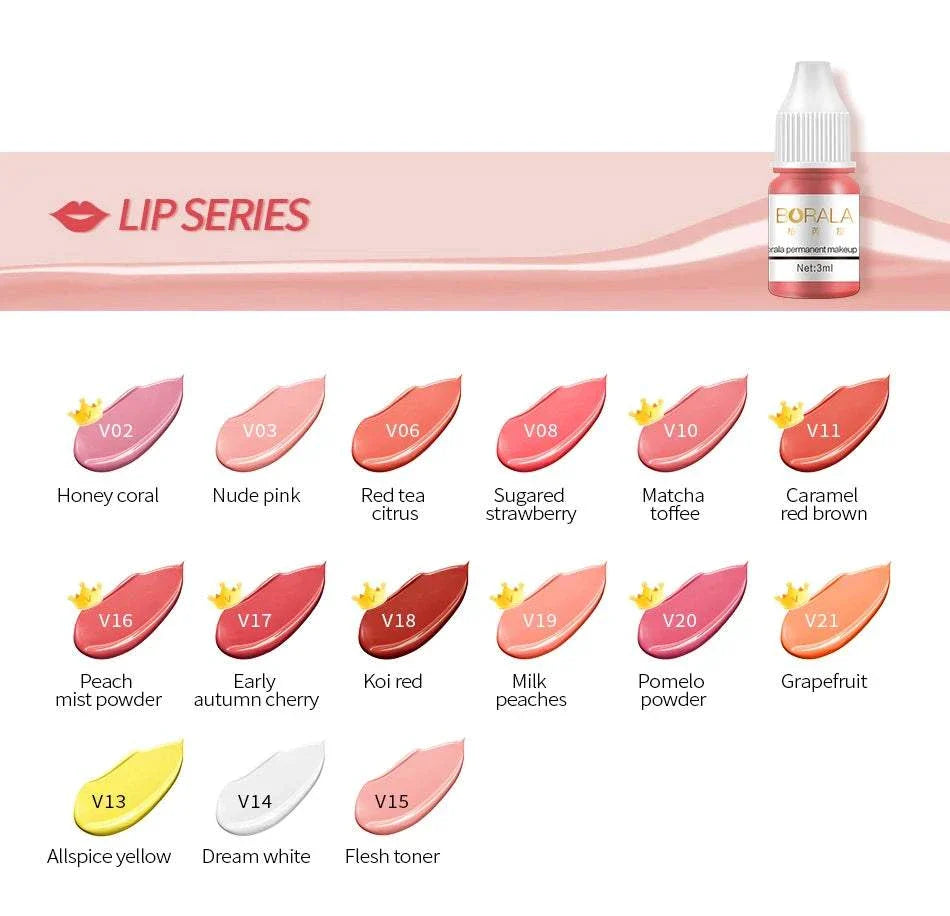 Borala 26 Colors permanent makeup tattoo pigments lip series with 3ML sample bottles in various shades including honey coral, nude pink, red tea citrus, sugared strawberry, matcha toffee, caramel red brown, peach mist powder, early autumn cherry, koi red, milk peaches, pomelo powder, grapefruit, allspice yellow, dream white, and flesh toner.