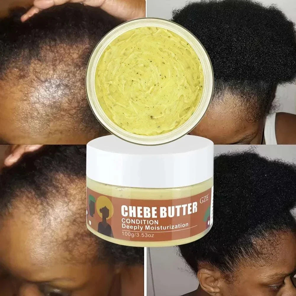 Chebe Butter Condition jar with before and after hair growth results on natural afro hair showing deep moisturization and strengthening benefits.