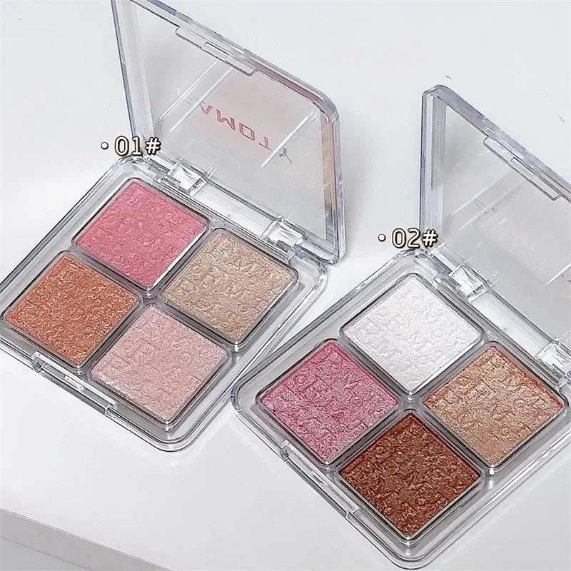 4 Colors Diamond Highlighter Powder Palette with four shimmering shades in clear compact cases for radiant, multi-use makeup glow