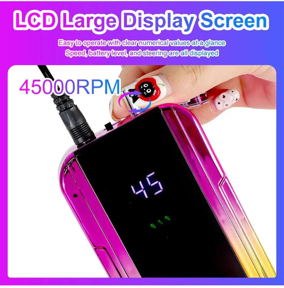Rechargeable nail drill machine with 45000RPM, LCD display, and laser gradient design for professional nail care.