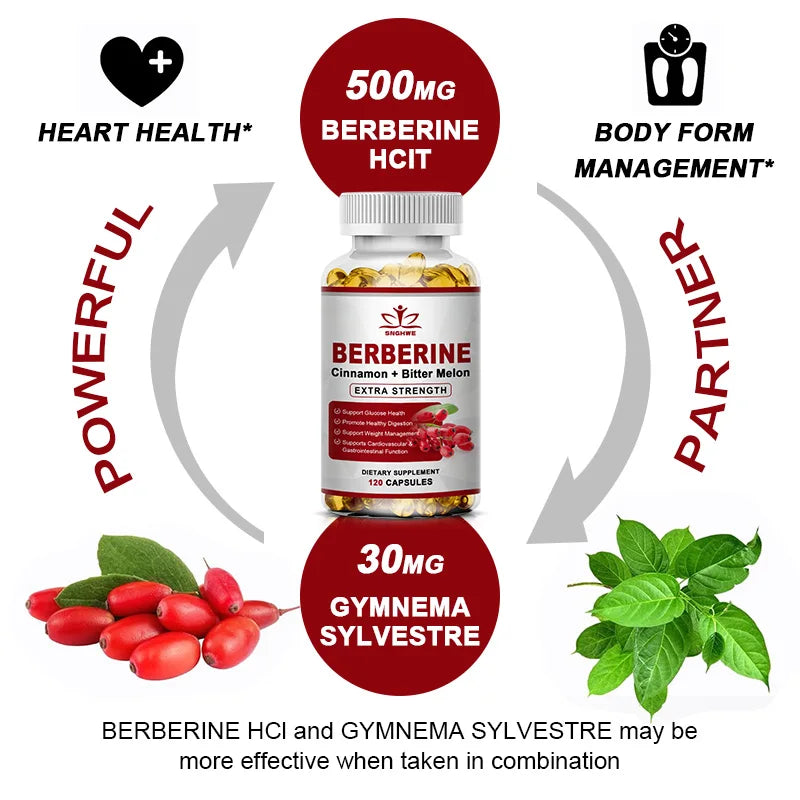 Bottle of Berberine with Ceylon Cinnamon capsules highlighting 500mg Berberine HCl and 30mg Gymnema Sylvestre for heart health and body form management.