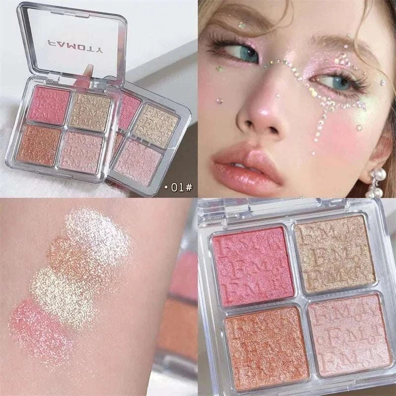 4 Colors Diamond Highlighter Powder Palette with four shimmering shades, swatches on skin, and glittery makeup look on model's face