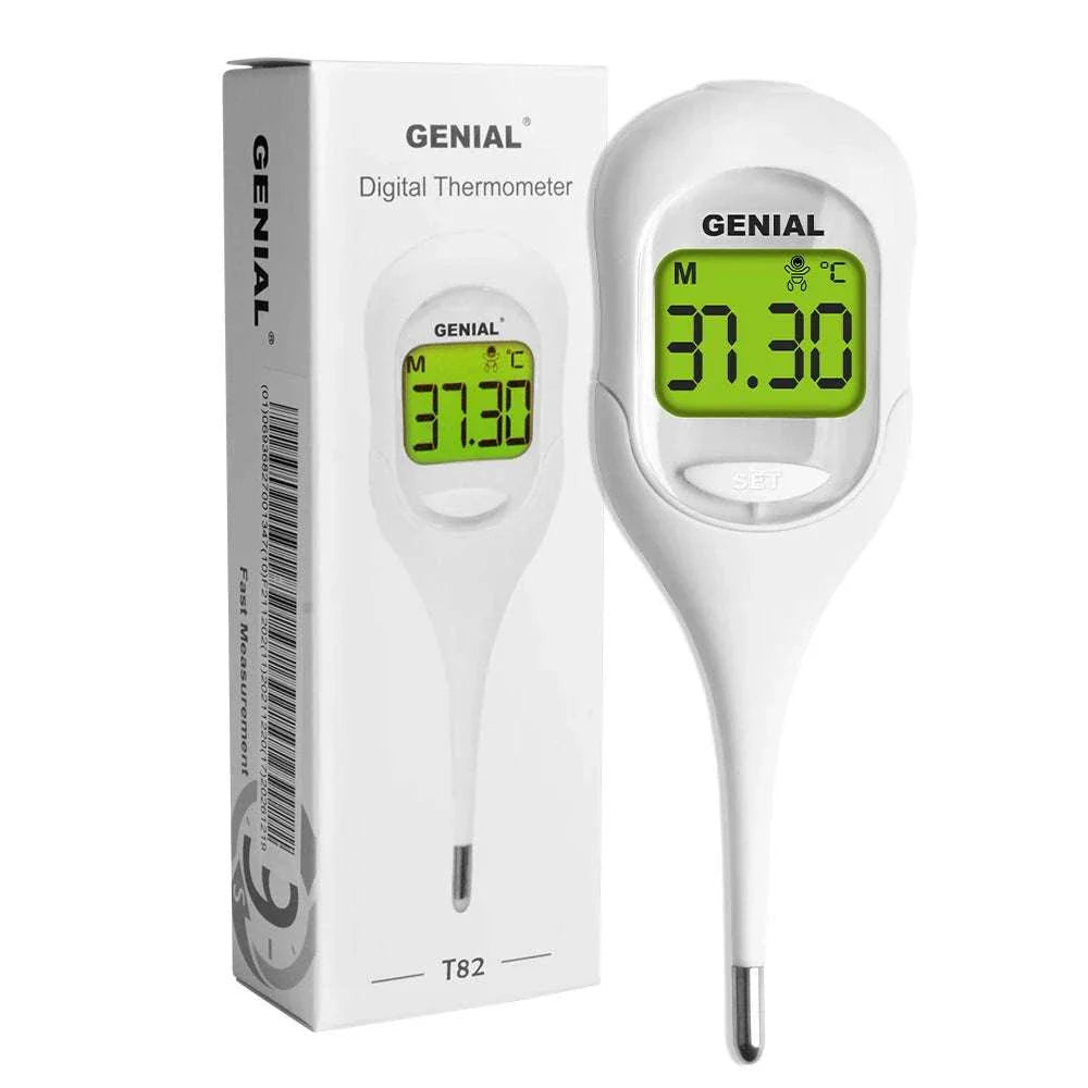 8-Second Digital Oral Thermometer with fast 8-second reading, large LCD display, and flexible tip for all ages, shown with packaging box