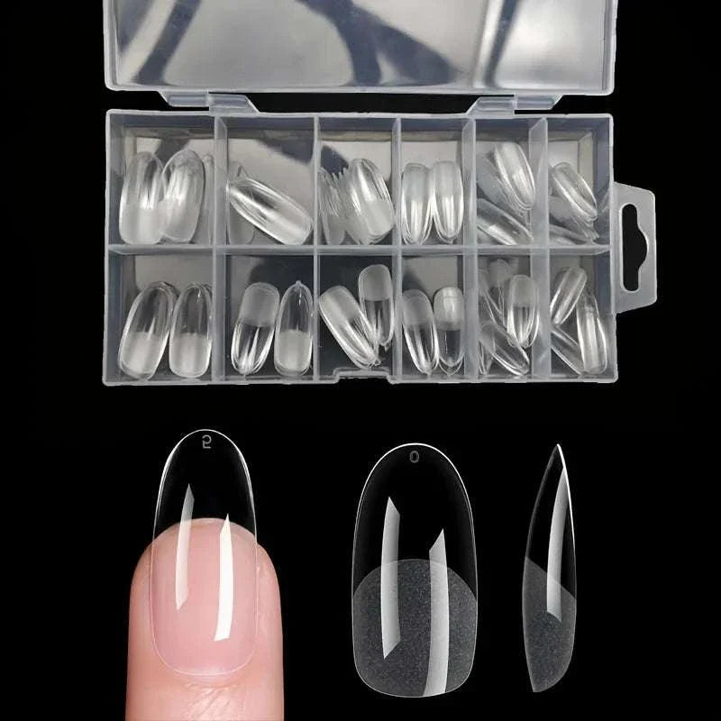 120-piece full cover press-on nail tips set with assorted stiletto, almond, square, and coffin shapes in clear gel style with storage box