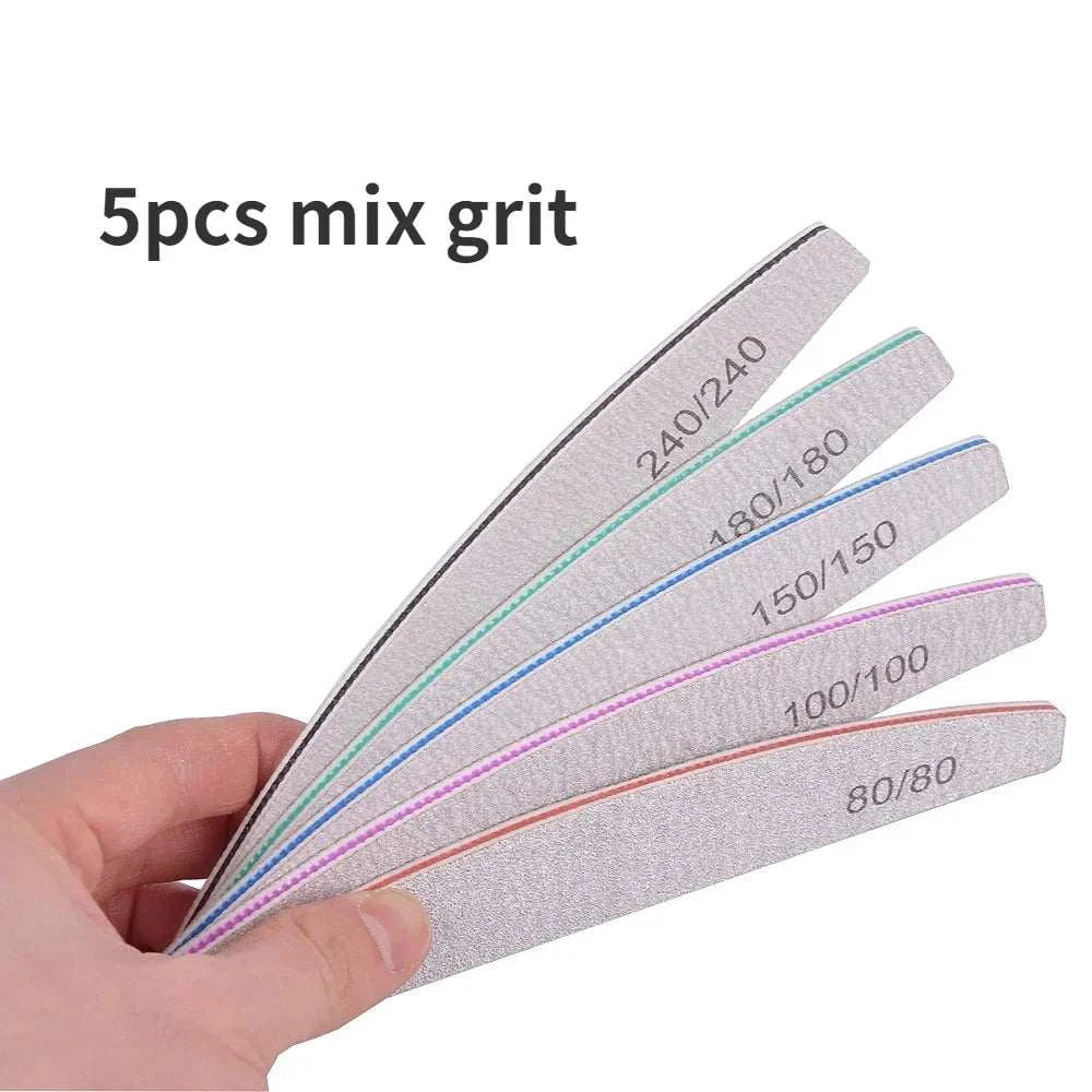 Professional Emery Nail File Set with 5 dual-grit emery boards ranging from 80 to 240 grit for shaping, smoothing, and polishing nails.
