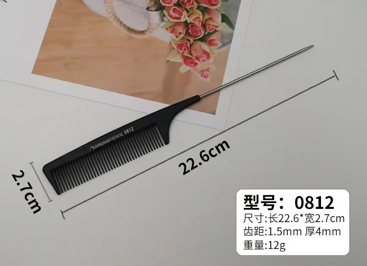Professional hair tail comb with stainless steel tail and fine teeth for precise styling and sectioning.