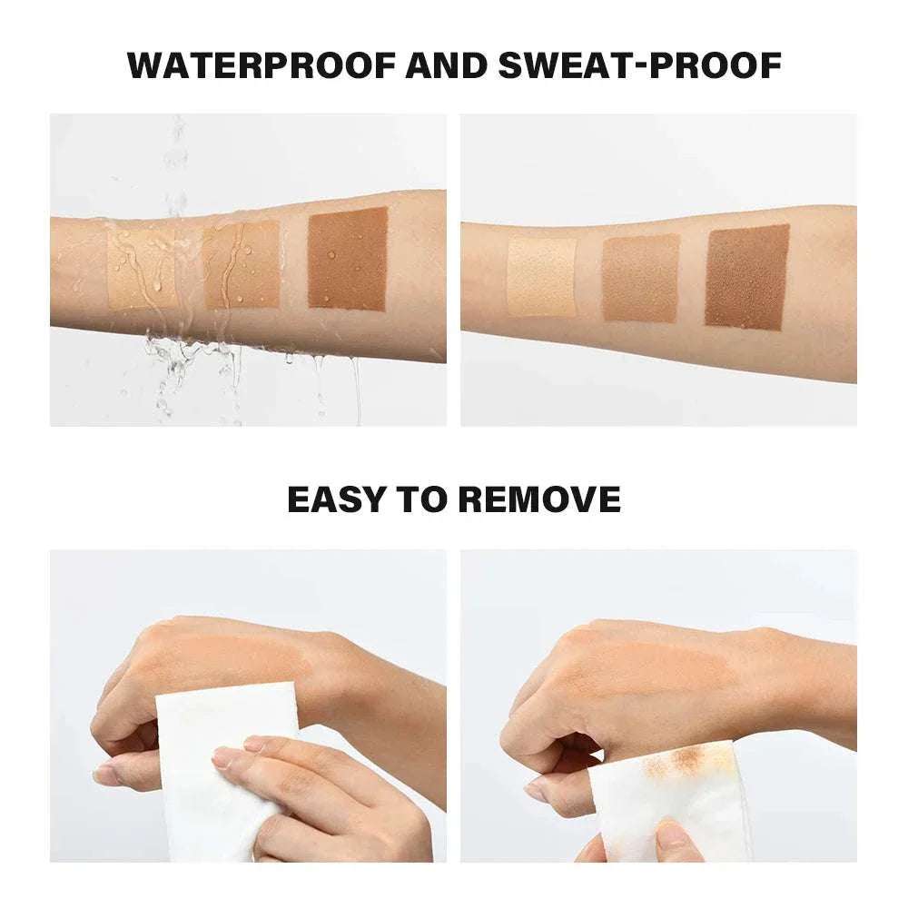 Swatches of 100ml leg makeup in wheat tan brown shade showing waterproof, sweat-proof coverage and easy removal with a makeup wipe on arms